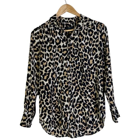 J. Crew Button Down Top Womens 00 Brown Leopard Print 100% Silk Mob Wife Core - Picture 2 of 9